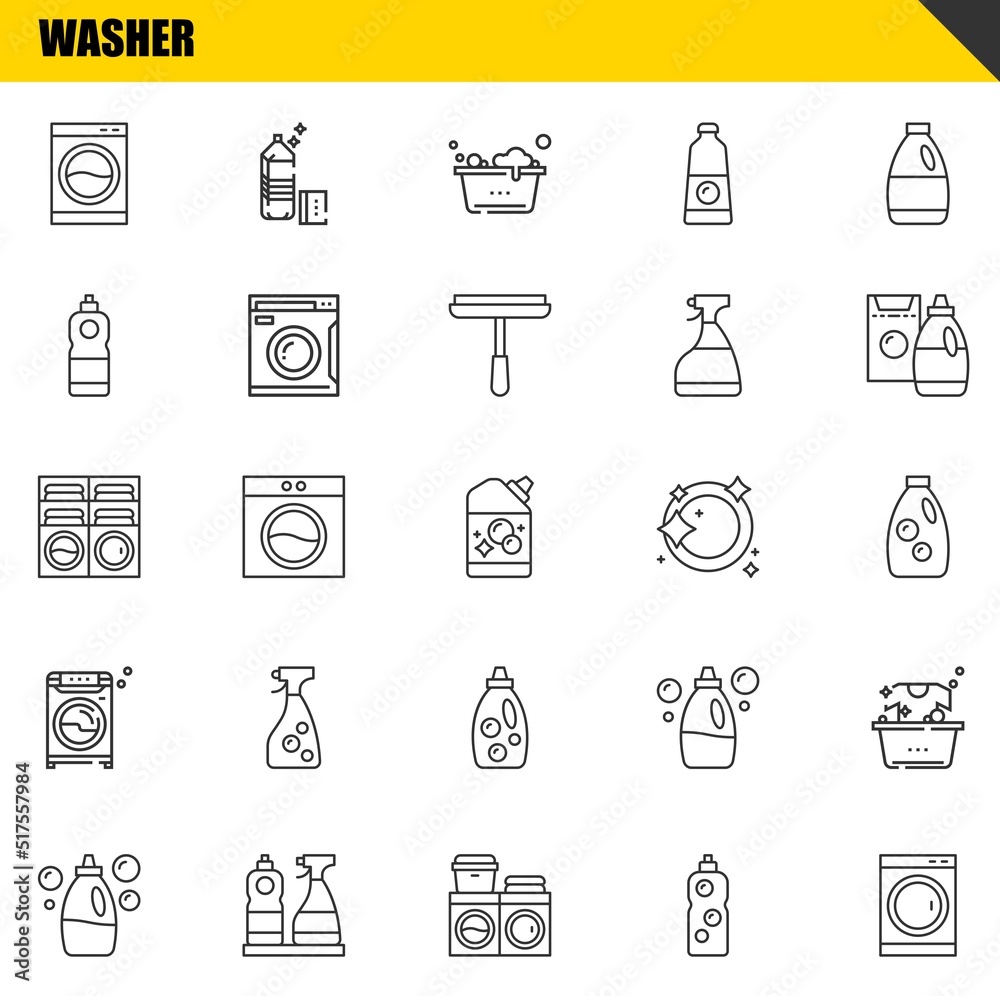 washer vector line icons set. washing machine, detergent and washing machine Icons. Thin line design. Modern outline graphic elements, simple stroke symbols stock illustration washer vector line icons set. washing machine, detergent and washing machine Icons. Thin line design. Modern outline graphic elements, simple stroke symbols stock illustration