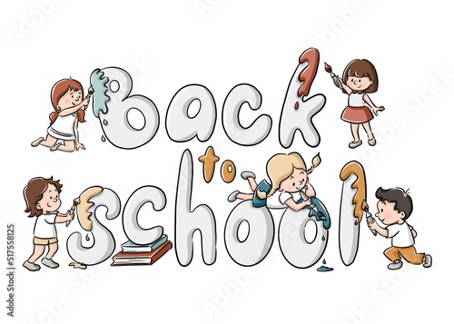 Group of students come back to school. Children colour the letters. Friends paint and draw. Kindergarten classmates. Offline education. Diversity. Cute doodle illustration in cartoon style.