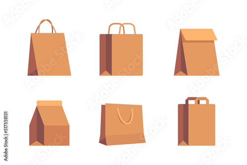 Set of empty kraft brown blank cardboard paper bags for in-store purchases, packaging for food and beverage with labels isolated on white background
