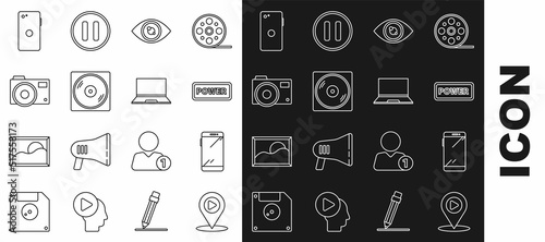 Set line Digital media play with location, Smartphone, mobile phone, Power button, Eye, Vinyl disk, Photo camera, and Laptop icon. Vector