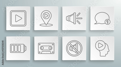 Set line Battery charge level indicator, Digital media play with location, Retro audio cassette tape, Speaker mute, Head people button, volume, Speech bubble chat and Play square icon. Vector