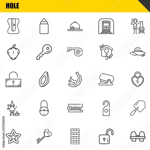 hole vector line icons set. sharpener, carambola and unlocked Icons. Thin line design. Modern outline graphic elements, simple stroke symbols stock illustration