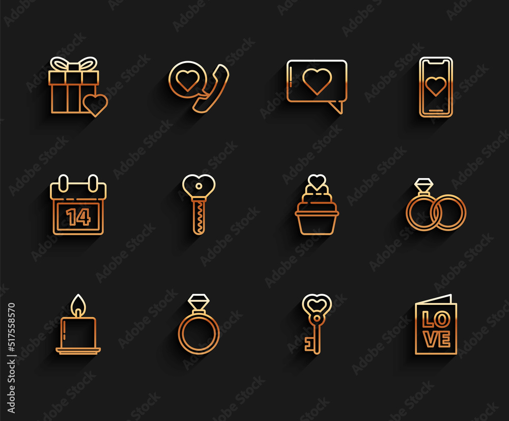 Set line Burning candle, Wedding rings, Gift box heart, Key shape, Valentines day party flyer, and icon. Vector Set line Burning candle, Wedding rings, Gift box heart, Key shape, Valentines day party flyer, and icon. Vector