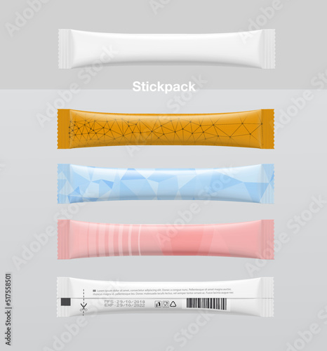 Realistic stick pack sachet mockup for food, cosmetic, pharmacy and other industry. Vector illustration. Possibility use for granulated, powder and liquid products. EPS10.	
