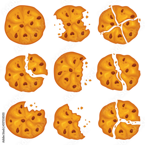 Cartoon broken cookies. Crunchy classic biscuits with chocolate chips, crumbly sweet tasty snacks, shortbreads bakery pieces, homemade delicious cracker, recent vector isolated set