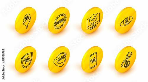 Set line Chain link and coin, Percent discount mobile, Telephone 24 hours support, Loan percent, Eye with dollar, Computer monitor, Price tag New and Lead management icon. Vector