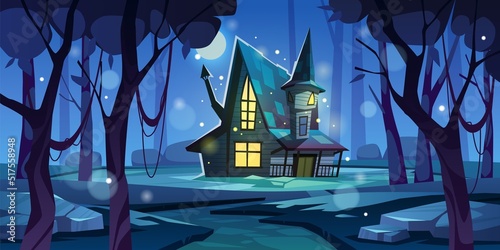 Dark forest house. Mysterious night home in wood, gaming location, spooky witch habitation, halloween nature landscape, horizontal illustration mystery moonlight, horror tidy vector concept