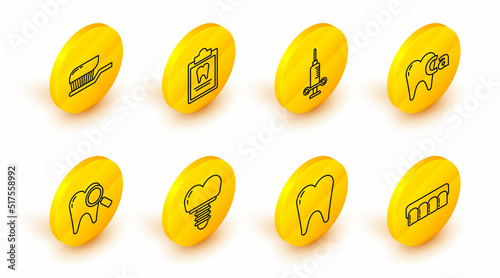 Set line Dentures model, Tooth, Dental implant, search, Calcium for tooth, medical syringe, Clipboard with dental card and Toothbrush toothpaste icon. Vector