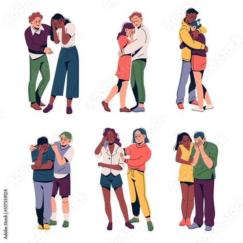 Friends comforting. Sad people and support of loved ones, upset person and assistance of relatives, hugs and reassurance, talk about problems, moral friendly help, tidy vector cartoon flat set