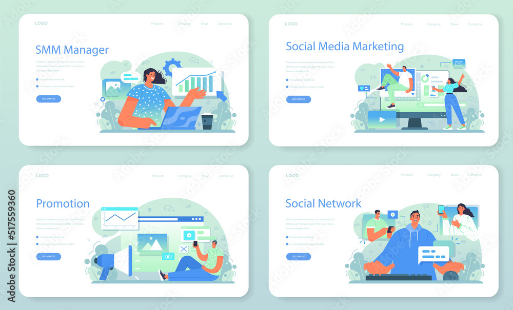 SMM manager web banner or landing page set. Social media marketing SMM manager web banner or landing page set. Social media marketing