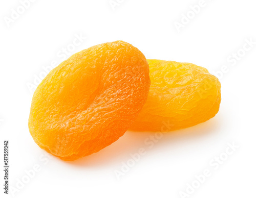 Two dried apricots isolated on white background. Dried apricots.
