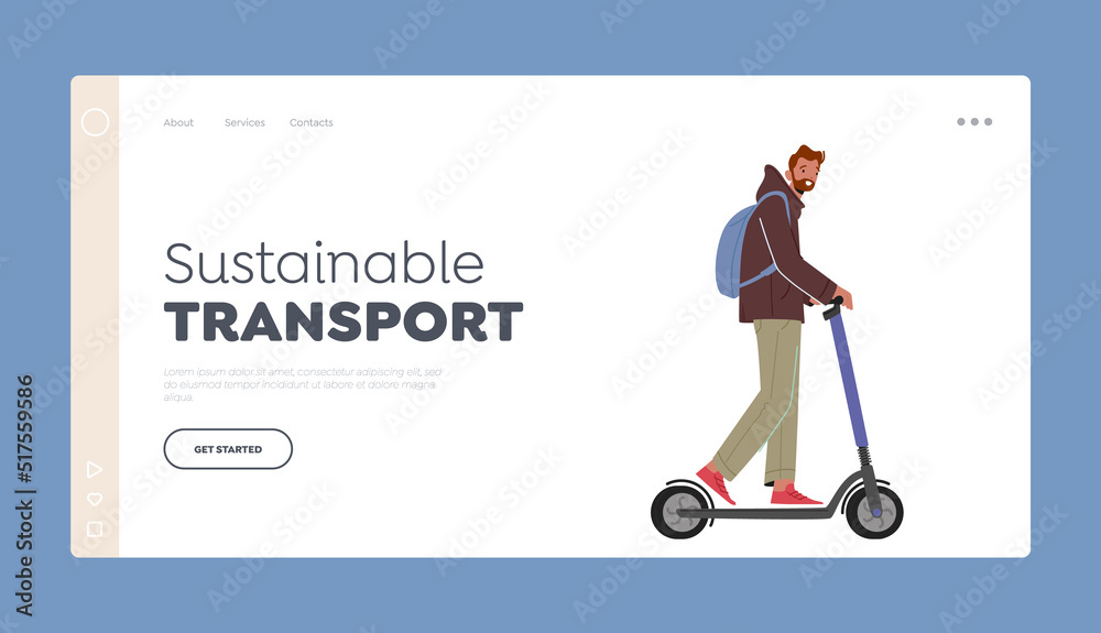Sustainable Transport Landing Page Template. Man Cyclist Riding Push Scooter. Healthy Lifestyle Activity, Ecology