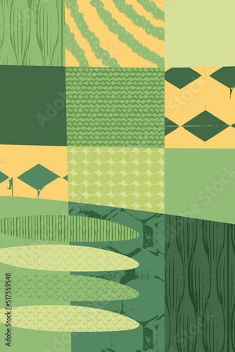 Abstract green field or wave eco farm background. Nature landscape vector illustration with scribble texture. Mountain hill, organic plantation, aesthetic countryside poster design. Ecology brochure