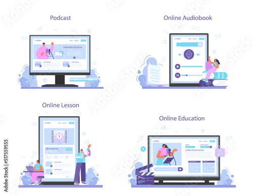 Speaker online service or platform set. Voice actor dubbing a movie