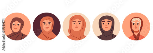 Beautiful muslim girls portraits, stunning Arabic women flat avatars. Fashionable women faces, cute ladies characters wearing hijabs vector illustrations set. Women portraits collection