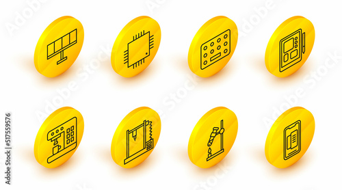 Set line Smartphone, mobile phone, Test tube flask fire, 3D printer, Coffee machine, Graphic tablet, Pills blister pack, Processor with microcircuits CPU and Solar energy panel icon. Vector