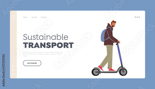Sustainable Transport Landing Page Template. Man Cyclist Riding Push Scooter. Healthy Lifestyle Activity, Ecology