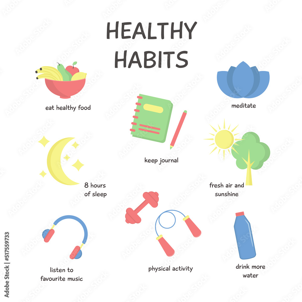 Healthy lifestyle concept, self care healthy habits, flat style vector  icons Stock Vector | Adobe Stock