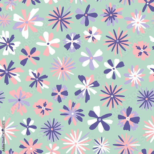 Abstract flower heads seamless repeat pattern. Random placed, vector blooming all over surface print on sage green background.