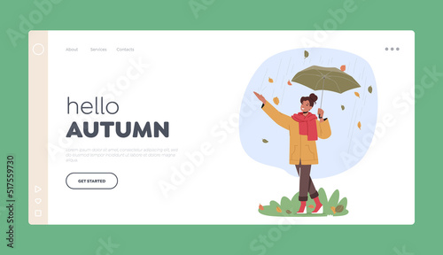 Hello Autumn Landing Page Template. Cheerful Young Woman Walk, Holding Umbrella Stand under Rain and Falling Leaves