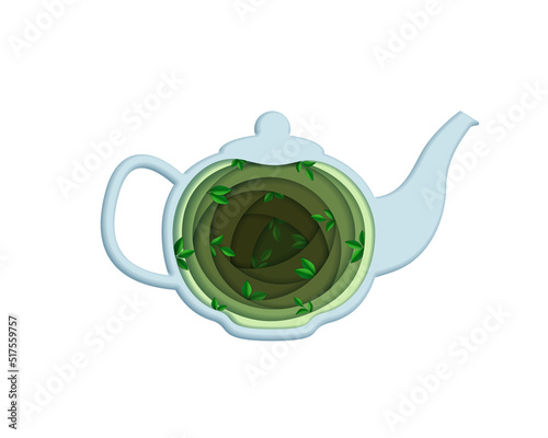 Teapot with green tea in paper cut style. Green tea branding mockup, advertisement. vector illustration.