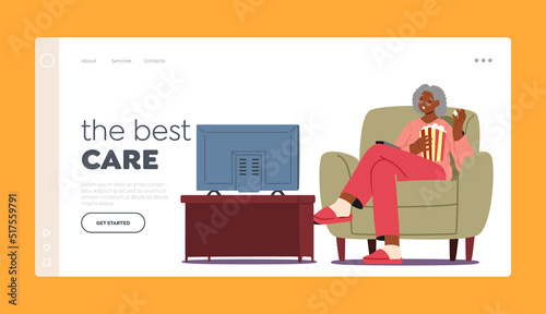 Elderly Care Landing Page Template. Old Lady Home Sparetime, Black Senior Woman Watch Tv with Popcorn Having Fun