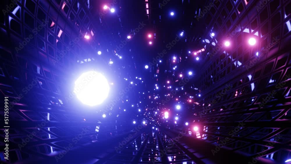 Data flow in tube channel. Fly through hi-tech futuristic environment or neon tunnel, complex sci-fi structure. 3d seamless background in 4k. Mirror reflections