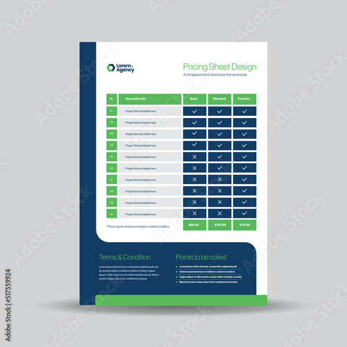 Pricing Sheet Design, Costing Flyer or Pricing table comparison, Invoice Design