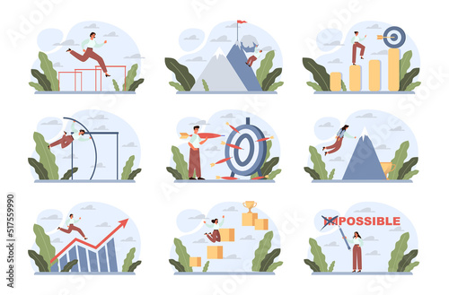 Challenge concept set. Business character overcoming obstacles
