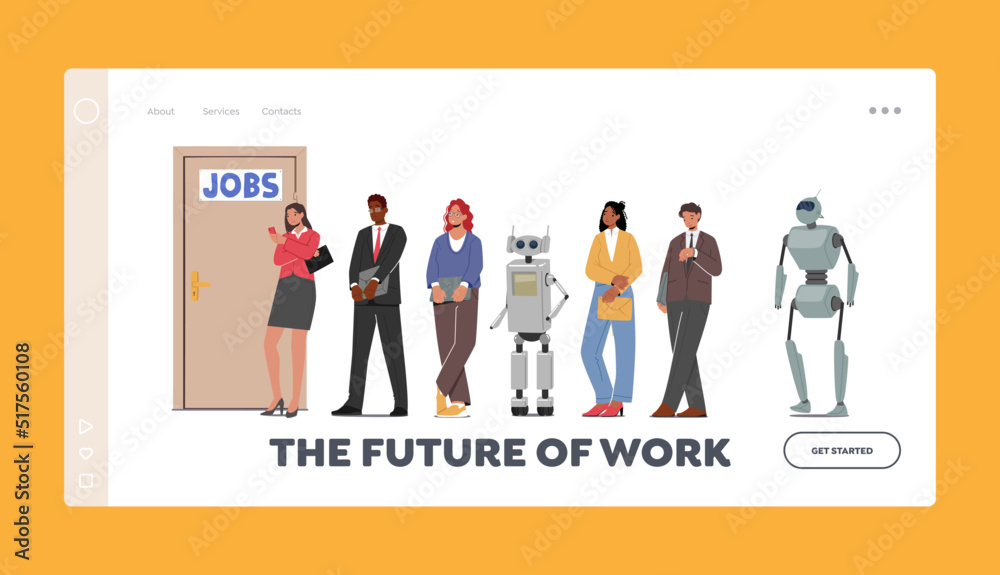 Future of Work Landing Page Template. Robots and Human Waiting in Lobby Stand in Line Waiting Job Interview, Hiring Future of Work Landing Page Template. Robots and Human Waiting in Lobby Stand in Line Waiting Job Interview, Hiring