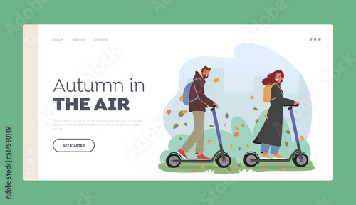Autumn Day Landing Page Template. Young Man and Woman Characters Driving Scooters in City Park. People Walking Activity