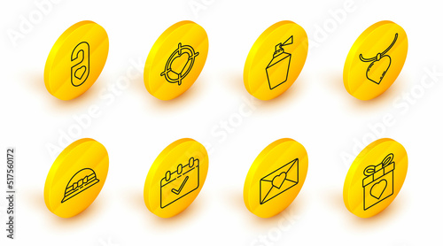 Set line Gift box and heart, Envelope with 8 March, Calendar, Elegant women hat, Necklace shaped pendant, Perfume, Heart in the center of target aim and Please do not disturb icon. Vector