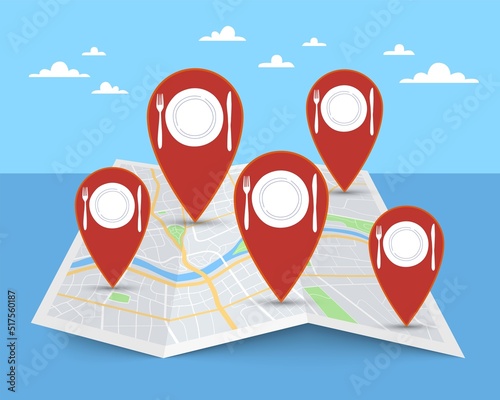 Search for restaurants, catering and cafe location. Internet application, city map with red pins, gps navigation service, urban navigation, food delivery app vector cartoon flat concept