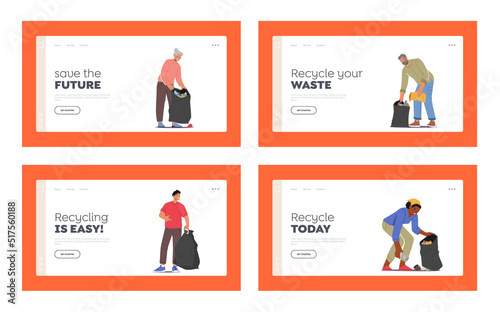 Volunteers Cleaning Garbage Landing Page Template Set. Men or Women Characters Working, Volunteering, Collecting Trash