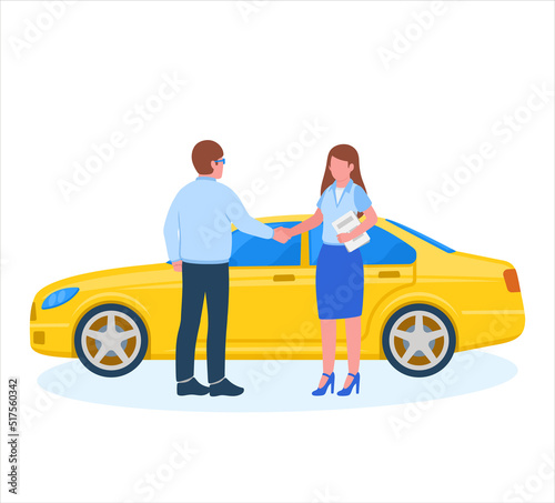Rent car sharing service woman and man signing contract vector illustration
