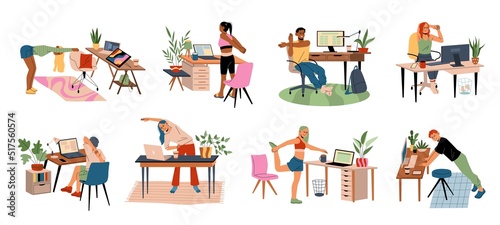 Fototapeta Naklejka Na Ścianę i Meble -  Workplace workout people. Office warmup, happy guys and girls do exercises, sport, fitness and relaxing, employees gymnastic, people healthy lifestyle, tidy vector cartoon flat set