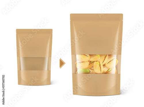 Pouch bag with ziplock and window mockup isolated on white background. Vector illustration. Can be use for template your design, presentation, promo, ad. EPS10.