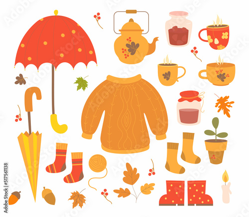 Vector set cozy autumn. Umbrella, sweater and knitted socks, jar of jam, kettle and hot tea, autumn leaves and acorns, rubber boots and candle. Isolated elements for fall design and decor, cards