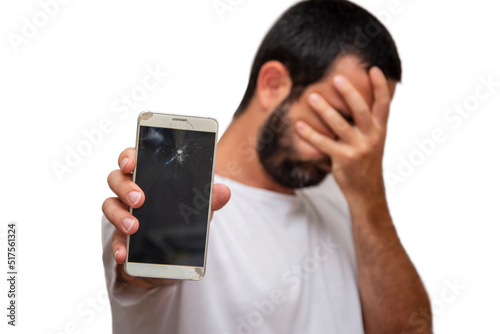Angry man showing broken phone in hand on white isolated background