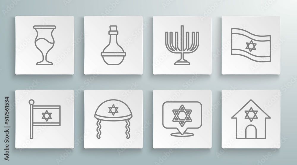 Set line Flag of Israel, Jewish wine bottle, kippah, Star David, synagogue, Hanukkah menorah, and goblet icon. Vector Set line Flag of Israel, Jewish wine bottle, kippah, Star David, synagogue, Hanukkah menorah, and goblet icon. Vector