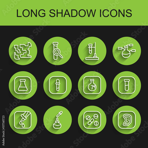 Set line Test tube and flask, Gaseous, Medicine pill or tablet, Bacteria, Pipette, and Cracked icon. Vector