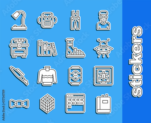 Set line Book, Insects in a frame, UFO flying spaceship, Pants with suspenders, Antique treasure chest, Table lamp and Slippers socks icon. Vector
