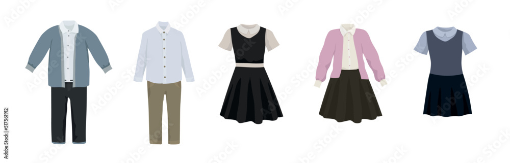 Set of school uniform for boys and girls on white background Set of school uniform for boys and girls on white background