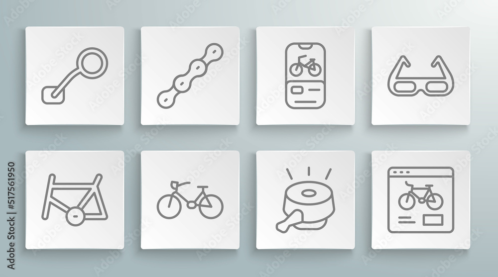 Set line Bicycle frame, chain, bell, rental mobile app, Sport cycling sunglasses and rear view mirror icon. Vector Set line Bicycle frame, chain, bell, rental mobile app, Sport cycling sunglasses and rear view mirror icon. Vector