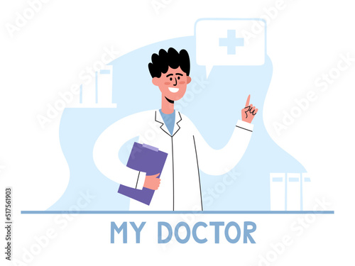 Vector illustration of family doctor holding up finger on interior background