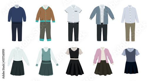 Set of school uniform for boys and girls on white background
