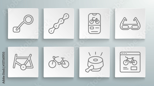 Set line Bicycle frame, chain, bell, rental mobile app, Sport cycling sunglasses and rear view mirror icon. Vector