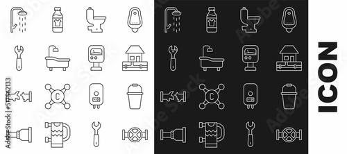 Set line Industry pipe and valve, Bucket, Water supply pipes, Toilet bowl, Bathtub, Wrench spanner, Shower and Pressure water meter icon. Vector