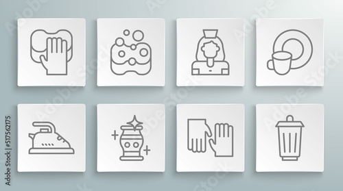Set line Electric iron, Sponge, Clean vase, Rubber gloves, Trash can, Cleaning lady service, Washing dishes and icon. Vector
