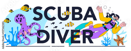 Scuba diver typographic header. Diver swimming with aqualungs